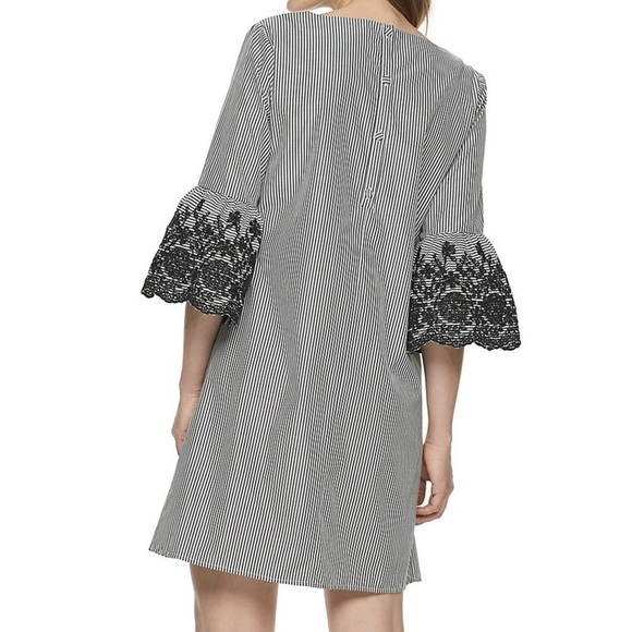 Nina Leonard Stripe Print Crochet Bell Sleeve Shift Dress - Picture 2 of 14